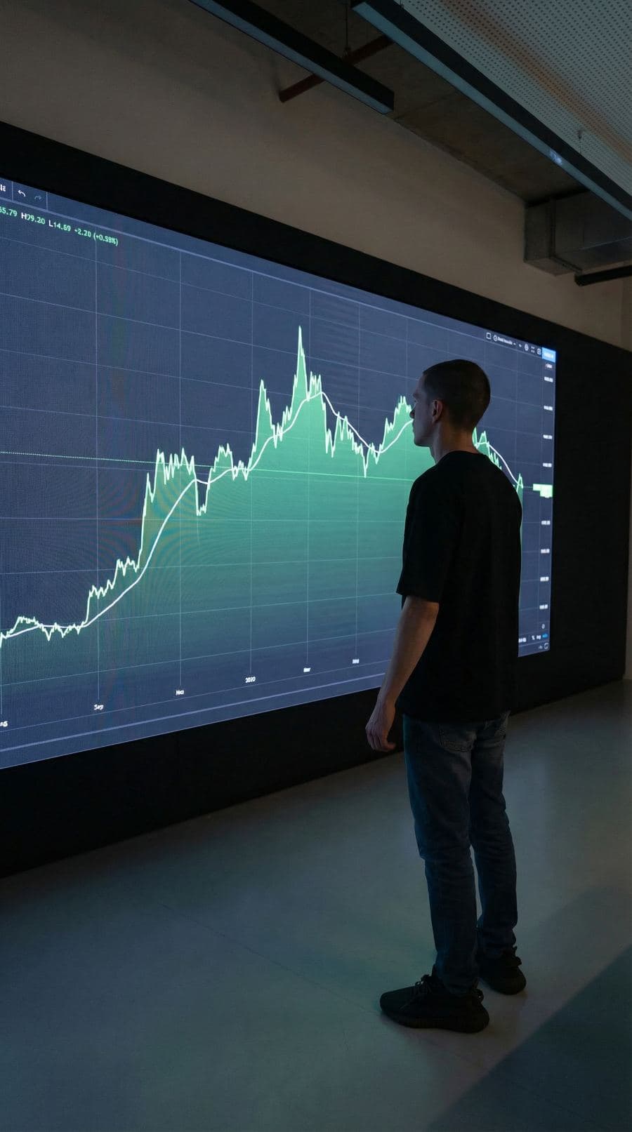 Analizando un gráfico de acciones en una pantalla gigante